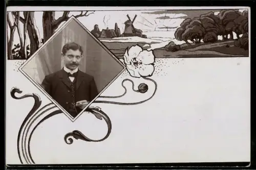 Foto-AK Eleganter Herr mit Zigarette, Passepartout, Blume, Landschaft mit Windmühle, Jugendstil