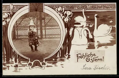 Foto-AK Kleiner Harlekin, Passepartout, Ornamente, See mit Lilien u. Schwänen, Ostergruss, Jugendstil