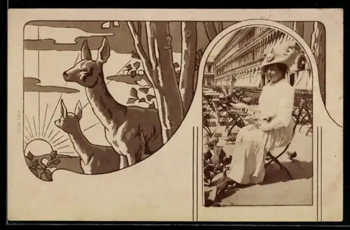 Foto-AK Junge Dame auf Gasthaus-Terrasse, Reh u. Kitz bei Sonnenuntergang, Passepartout, Jugendstil
