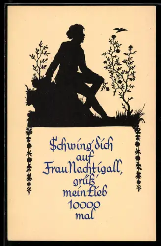 AK Mann sitzt auf einem Stein und sieht einem Vogel nach, Scherenschnitt