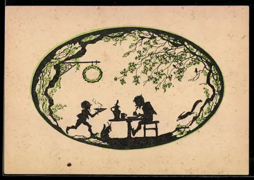 Künstler-AK Elsbeth Forck: Zwerge im Waldgasthaus, Schattenbild