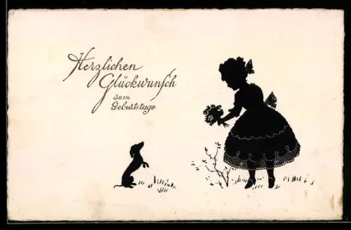 AK Mädchen mit Blumenstrauss vor einem Hund, Scherenschnitt