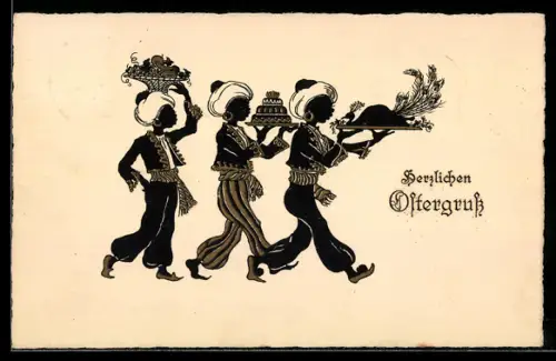 AK Kellner mit diversen Speisen, darunter Kuchen, Scherenschnitt