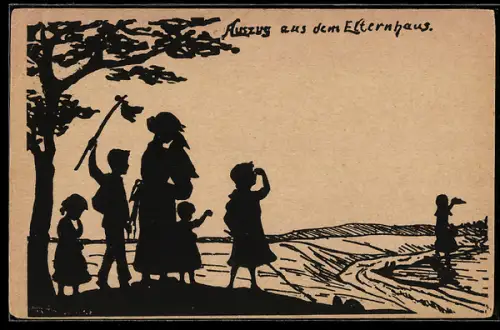 AK Auszug aus dem Elternhaus, junges Mädchen winkt zum Abschied der Familie