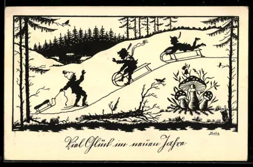 AK Scherenschnitt von Kindern die am Neujahrstag auf Schlitten fahren, Pilz
