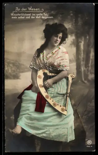 AK Operette an der Weser, Frau im Kleid mit Harfe