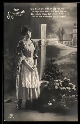 AK Am Elterngrab, trauerndes Mädchen blickt auf das Grab