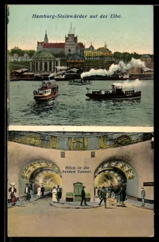 AK Hamburg-Steinwärder, Elbtunnel, Auf der Elbe, Blick in die beiden Tunnel