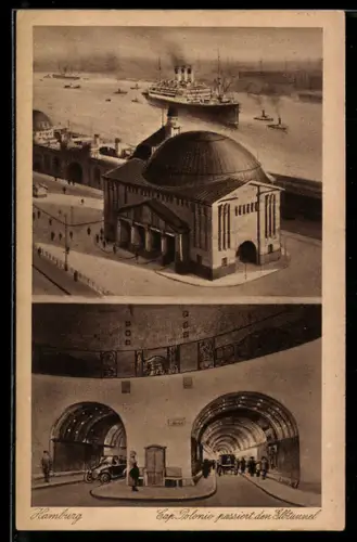 AK Hamburg-St. Pauli, Elbtunnel, Cap Polonio passiert den Elbtunnel, Dampfschiff