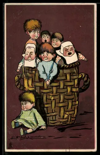AK Kinder, Puppen in einem Flechtkorb