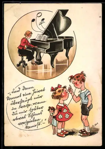 AK Mutter spielt am Klavier, Kinder unterhalten sich