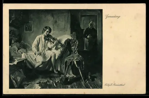 AK Genesener Junge spielt auf seiner Geige ein Lied