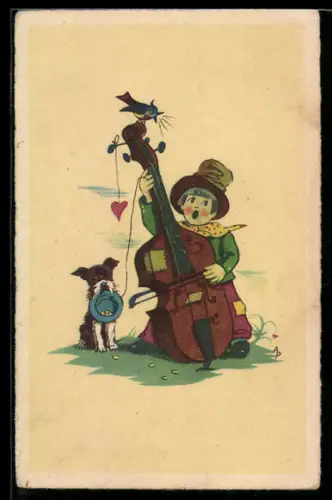 AK Junge spielt Kontrabass, Hund mit Hut sammelt Geld ein