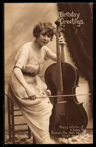 AK Junge Dame mit Cello, Geburtstagsgruss