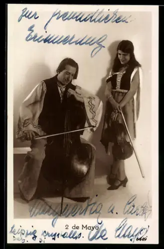 AK 2 de Mayo, Musikduo mit Geige u. Cello, Portrait, Autograph