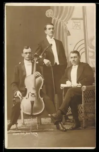 Foto-AK Musiktrio mit Cello und Geige, Portrait