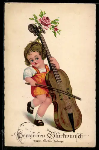 AK Kleine Cellistin beim Spielen, Rose, Geburtstagsgruss