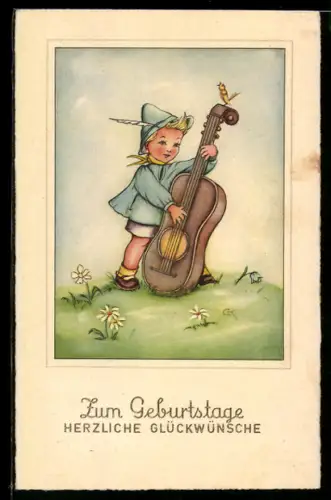 AK Kleine Cellistin beim Zupfen des Instruments, Blumenwiese, Geburtstagsgruss