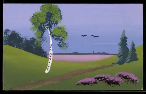 Künstler-AK Handgemalt: Birke auf einem Feld