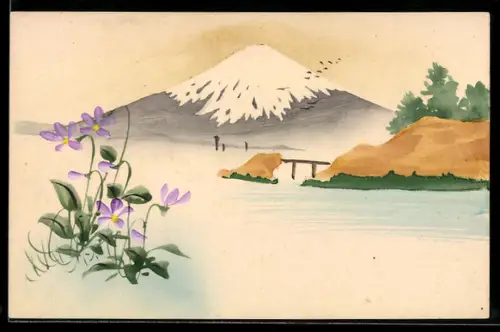 Künstler-AK Handgemalt: Blumen vor einem majestätischen schneebedeckten Berg