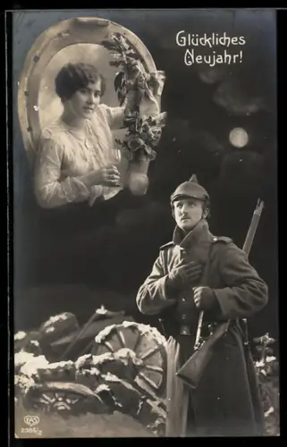 AK Soldat im Uniformmantel mit Pickelhaube und Gewehr zu Neujahr, seine Liebste im Hufeisen