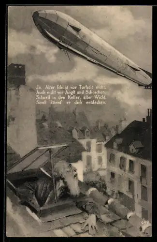 AK Alter Mann beobachtet Zeppelin über dem Ort