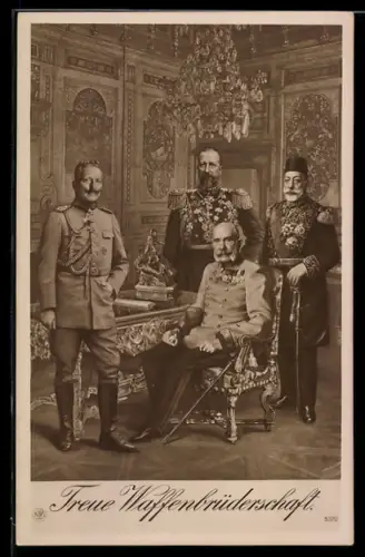 AK Kaiser Franz Josef I. von Österreich, Mehmet V. der Türkei, Wilhelm II. in geselliger Runde