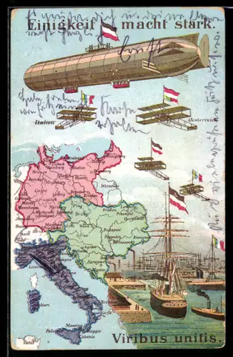 AK Einigkeit macht stark, Zeppelin, Flugzeuge, Landkarte des Dreibunds, Segelschiff