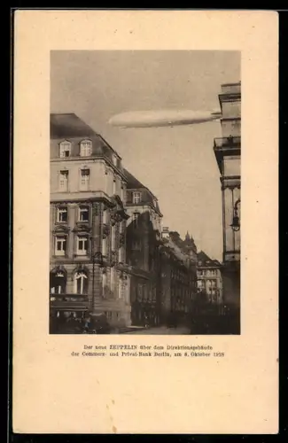 AK Berlin, Zeppelin über dem Direktionsgebäude der Commerz- und Privatbank Berlin 1928