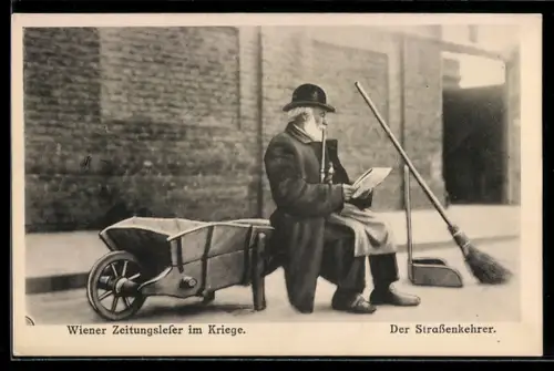 AK Wien, Der Strassenkehrer liest Zeitung im Kriege, Kriegsnot