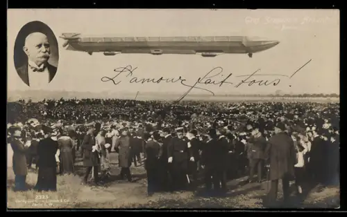 AK Zeppelin über einer Menschenmenge mit Portrait von Graf Zeppelin