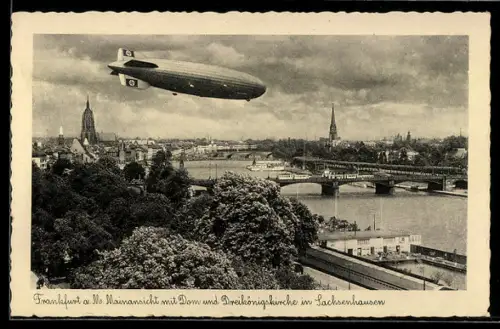 AK Frankfurt a. M., Mainansicht mit Zeppelin, Dom und Dreikönigskirche, e
