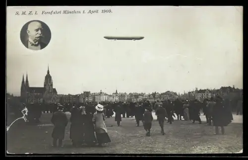 AK München, Zeppelin fliegt über den Ort, mit Portrait von Graf Zeppelin