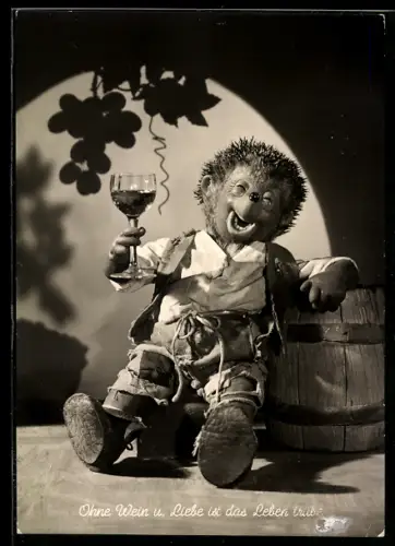 AK Ohne Wein und Liebe ist das Leben trübe, Mecki mit einem Glas Wein