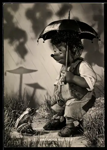 AK Igel Mecki mit Regenschirm und einem Frosch