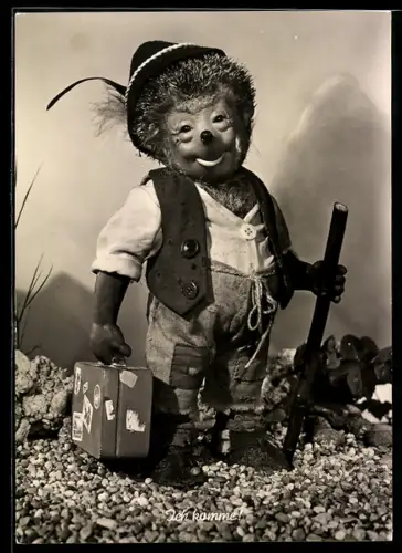 AK Igel Mecki als Wanderer mit Filzhut und Koffer