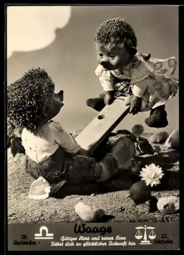 AK Igel Mecki wippt mit seinem Kind, Sternzeichen Waage