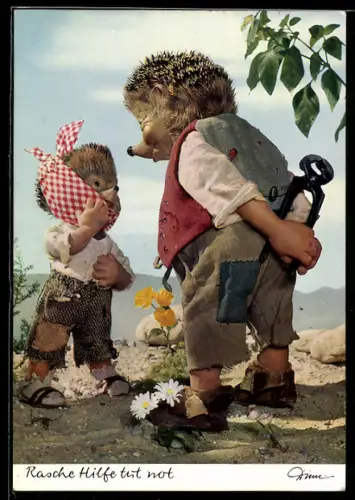 AK Igel Mecki mit Zange und sein Sohn mit Zahnweh