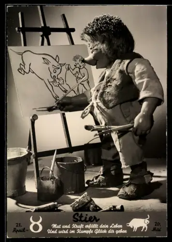 AK Igel Mecki an der Staffelei malt einen Stier, Sternzeichen Stier, 21. April - 20. Mai