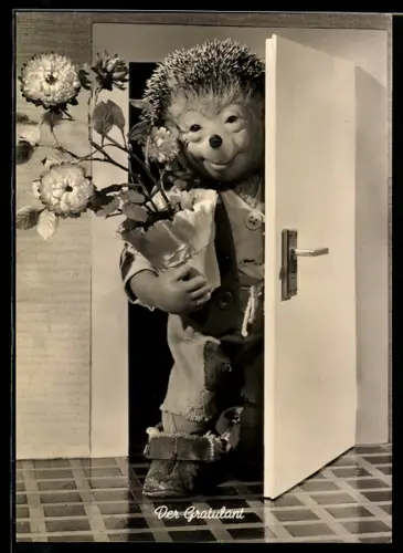 AK Igel Mecki an der Tür gratuliert mit Blumentopf
