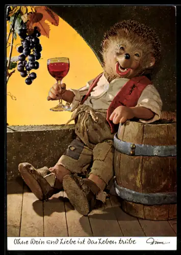 AK Ohne Wein und Liebe ist das Leben trübe Mecki erhebt Weinglas