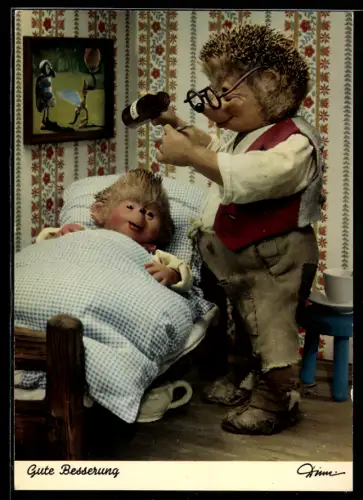 AK Mecki-Papa gibt seinem Jungen am Bett Medizin