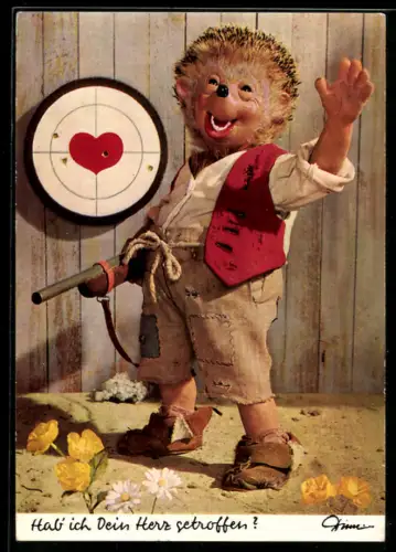 AK Mecki mit Gewehr vor Schiesscheibe mit Herz, Geburtstagsgruss