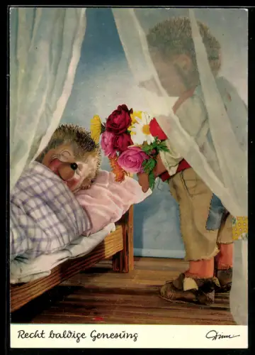 AK Mecki mit Blumenstrauss am Bett des Geburtstagskindes, Alles Liebe zum Geburtstag