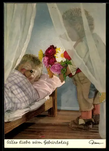 AK Mecki mit Blumenstrauss am Bett des Geburtstagskindes, Alles Liebe zum Geburtstag
