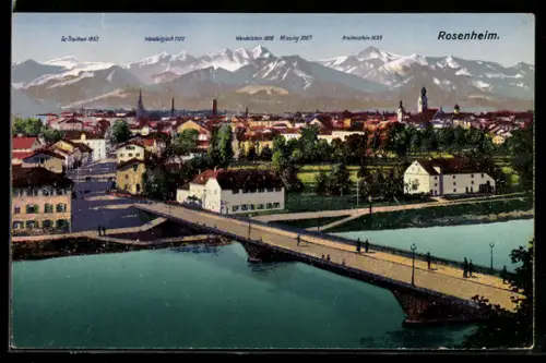 AK Rosenheim, Ortspanorama mit Miesing, Breitenstein und Wendelstein