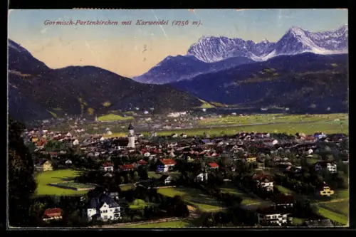 AK Garmisch-Partenkirchen, Ortsansicht mit Karwendel