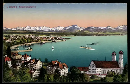 AK Friedrichshafen, Ortsansicht mit Bergpanorama