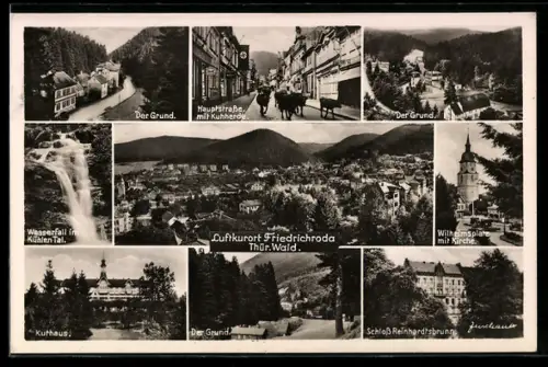 AK Friedrichroda /Thür. Wald, Hauptstrasse mit Kuhherde, Schloss Reinhardsbrunn, Wilhelmplatz mit Kirche