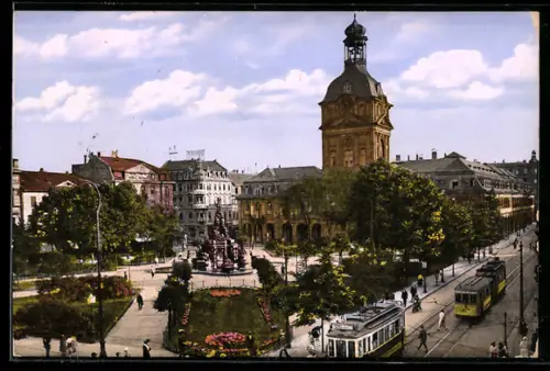 AK Mannheim, Paradeplatz und Kaufhaus, Strassenbahn